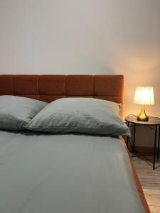a bed with a brown headboard and a table with a lamp at Studio w centrum in Turek +29 photos