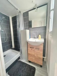 a bathroom with a sink and a tub and a shower at Studio aux portes de Paris in Gentilly