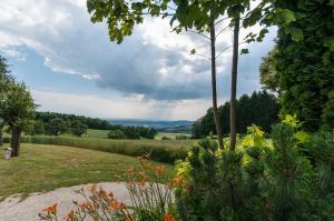 a garden with a view of a field and trees at Ferienwohnung am Abbrandtnergut 