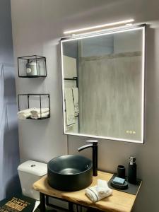 a bathroom with a sink and a mirror over a toilet at Le Studio de Sosso in Aniane +15 photos