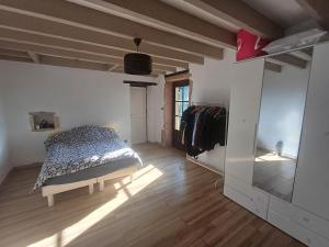 a bedroom with a bed and a mirror in a room at Exceptional cottage in Tournus