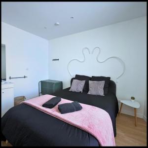 een slaapkamer met een groot bed met een roze deken bij SQ'Appart x in Saint-Quentin