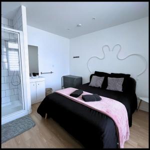 een slaapkamer met een groot bed met een roze deken bij SQ'Appart x in Saint-Quentin