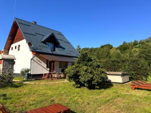 a house with a black roof on top of a yard at Bradutul de la munte Chalet in Braşov
