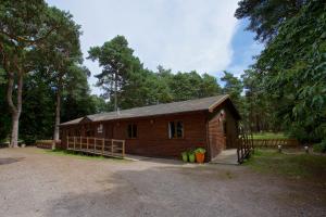 Cabaña de madera pequeña con valla y árboles en Avon Tyrrell Outdoor Activity Centre, en Bransgore