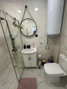 Un baño con lavabo, espejo e inodoro. en Best places, en Petrich