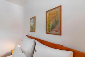 a bedroom with two pictures on the wall and two pillows at Casas do Porto - Azalea and Hortênsia in Mosteiros +122 photos