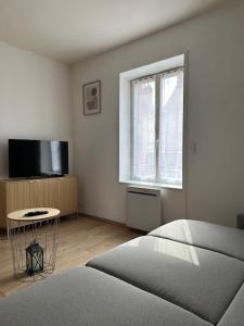 a living room with a couch and a tv at L'Appartement Assas in Le Creusot
