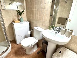 Un baño con inodoro, lavabo y ducha. en Calle Real Apartment, en Arrecife 12 fotos más