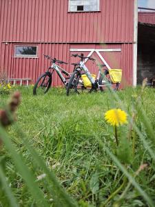 two bikes parked in front of a red building at 2 Houses & A Barn Twin Room in Leknes +24 photos