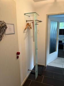 eine ebenerdige Dusche im Bad mit Tür in der Unterkunft Waldzeit Braunlage - WLAN - Parkplatz - Terrasse - ebenerdig in Braunlage