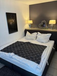 ein großes Bett in einem Hotelzimmer mit zwei Lampen in der Unterkunft Waldzeit Braunlage - WLAN - Parkplatz - Terrasse - ebenerdig in Braunlage