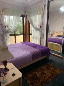 a bedroom with a purple bed and a mirror at Valadare in Bicas