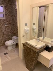 a bathroom with a sink and a toilet and a mirror at Alarjan Dream in Riyadh +35 photos