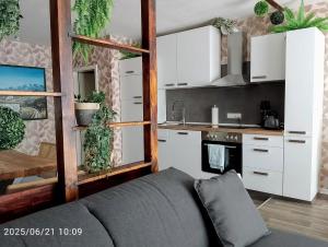 a living room with a couch and a kitchen at Familien FEWO Spielzimmer Balkon nahe Freizeitpark Plohn DZ eig Bad Küche gratis Kaffee Sitzecke Gemeinschaftspool im Garten Frühstückskorb auf Anfrage in Auerbach