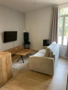 een woonkamer met een bank en een flatscreen-tv bij Lou Occitan in Béziers