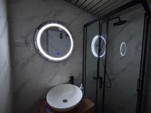 a bathroom with a sink and a shower with a mirror at Comfort corner in Skopje +4 photos