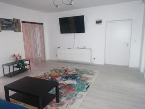 a living room with a table and a rug at Art Studio BN - Create Your Own Fluid ART Masterpiece! in Bistriţa