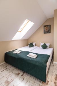 a bedroom with a large bed with a skylight at Oskarówka Kaszuby z balią in Gołubie