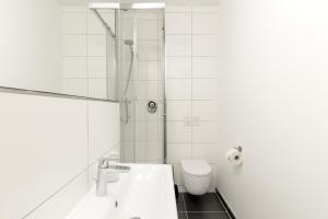 a white bathroom with a toilet and a sink at Löwe Apartment Gelb Tiengen Altstadt in Waldshut-Tiengen
