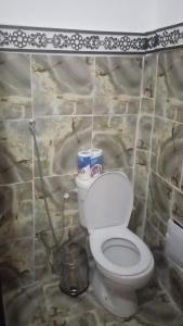 Un baño con inodoro en una pared de piedra. en RIAD El YacouT, en Marrakech