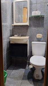 Un baño con inodoro, lavabo y espejo. en RustiCity, en São Paulo 30 fotos más