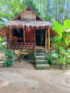 a small hut with a grass roof and stairs at Khai jungle wassanacamp in Ban Thung Lang Tham