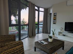 a living room with a couch and a table and a tv at Monte Gordo Accommodation in Ribeira Brava