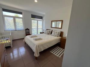 a bedroom with a bed and two windows at Casa De Casarelhos in Cova