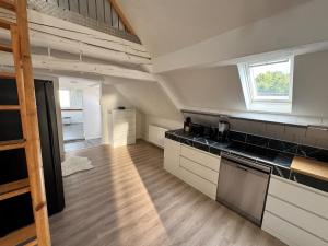 凯撒斯劳滕Sunshine的大型厨房配有白色橱柜和大窗户