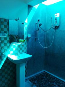 a blue bathroom with a sink and a shower at Room No2 in Galle