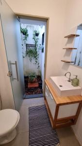 a bathroom with a toilet and a sink with plants at Casa Dona Luiza 166, Centro, Mountain views in Passa Quatro
