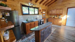 a kitchen with a refrigerator and a sink in a cabin at CASA CON VISTA AL VOLCAN Y TINAJA a MINUTOS del CENTRO PUCON in Minetué