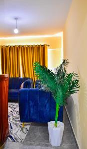 a living room with a blue couch and a palm tree at Zenscape Makasembo Modern 2BR Apartment with Stunning City Views 10min from Airport in Kisumu