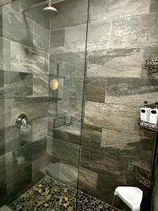 a bathroom with a shower with a glass door at Flora's Garden Apartment/Studio in North Miami +46 photos