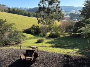 a boat sitting on the ground in a field at Cygnet Valley Hideaway by Tiny Away in Cygnet