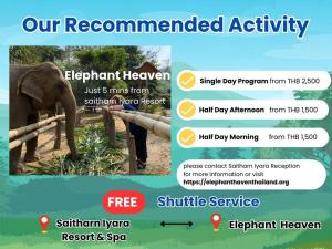 Un volante para un programa de recuperación de elefantes con una imagen de un elefante. en Saitharn Iyara Resort, en Sai Yok