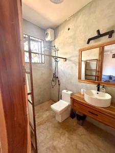 a bathroom with a toilet and a sink and a mirror at Alcyone Residence - Ocean View Villa in Muyuni +56 photos