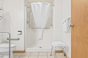 a bathroom with a shower with a toilet and a sink at Econo Lodge, Downtown Custer Near Custer State Park and Mt Rushmore in Custer +60 photos