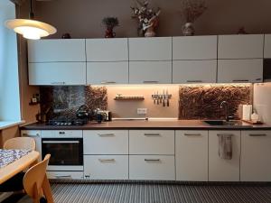 a kitchen with white cabinets and a sink at Kaunas Inn Colors in Kaunas +15 photos