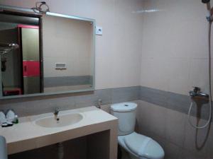 a bathroom with a toilet and a sink and a mirror at Hotel Taufina in Solok