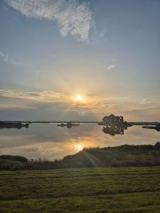 a reflection of the sun in the water at sunset at Ferienwohnung Fehnzauber, 86005 in Ostrhauderfehn +15 photos
