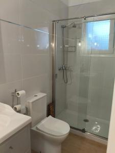 a bathroom with a toilet and a glass shower at VIVEIRO.CELEIRO. CASA TRANQUILA. RESURRECTION FEST in Cillero +21 photos