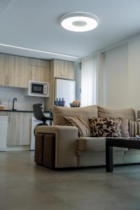 a living room with a couch and a kitchen at Piso-loft AOVE pleno centro in Jaén