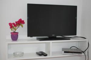 a television on a white shelf with a vase of flowers at Apartman Kristina, studio i soba in Primošten