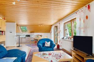 un salon avec une chaise bleue et une télévision dans l'établissement Ferienwohnung Bodenseeblick, 