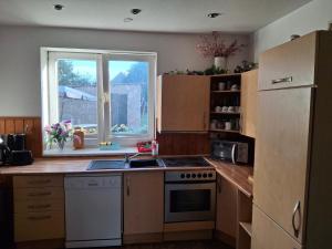 Una cocina con un refrigerador blanco y una ventana. en Gute Laune, en Zapel