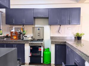 una cucina con mobili blu e un cestino verde di Spacious 3Bedroom Apartment in Muyenga, Bukasa Road a Kampala
