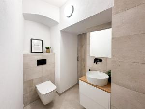 Un baño con un inodoro blanco y un lavabo. en Beautiful Apartment in Erdody Palace, en Otilia