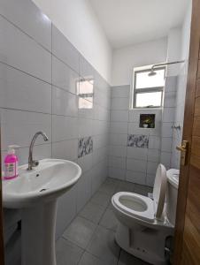 une salle de bain blanche avec un lavabo et des toilettes dans l'établissement Nancy's Haven studio apartment, à Mombasa